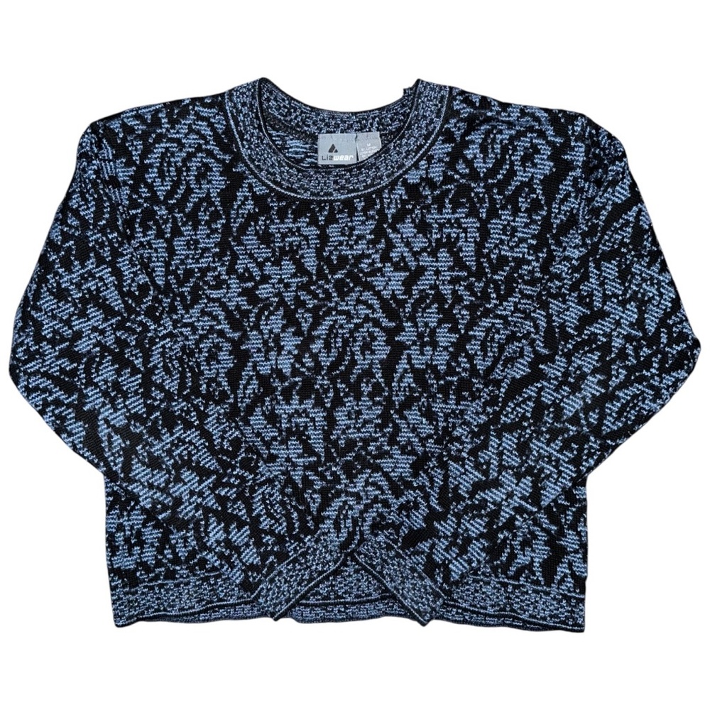 Vintage Lizwear Abstract Knit Sweater Y2K 90s Black Blue Retro Womens Medium USA